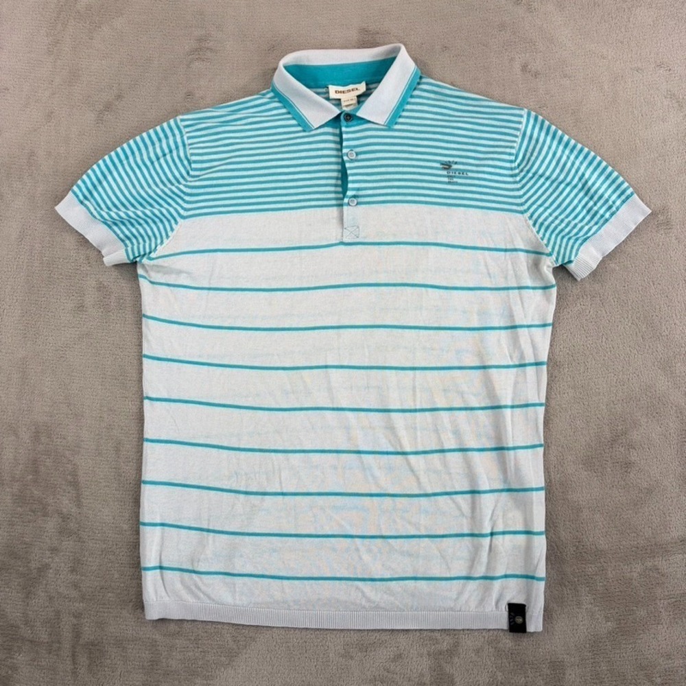 Vintage Diesel Polo Shirt in White Blue Striped Men XL Slim Fit Short Sleeve Y2K